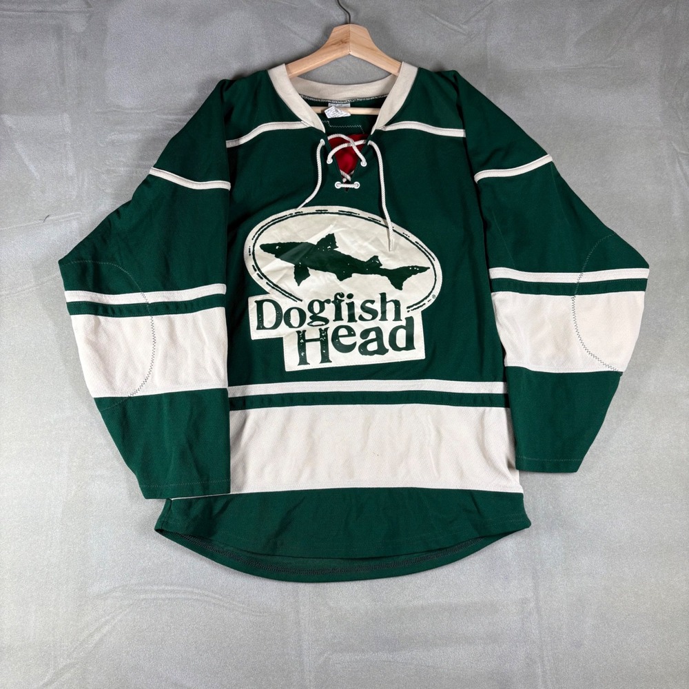 Athletic Knit Dogfish Head Brewery Hockey Jersey Green Cream Mens Small 60 IPA